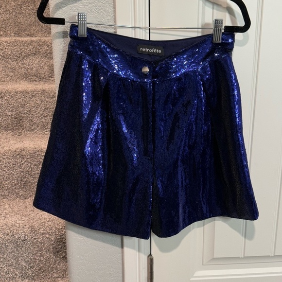 $395 Retrofete Women's Blue Cyd Sequined High Rise Zip Fly Shorts - Picture 3 of 9